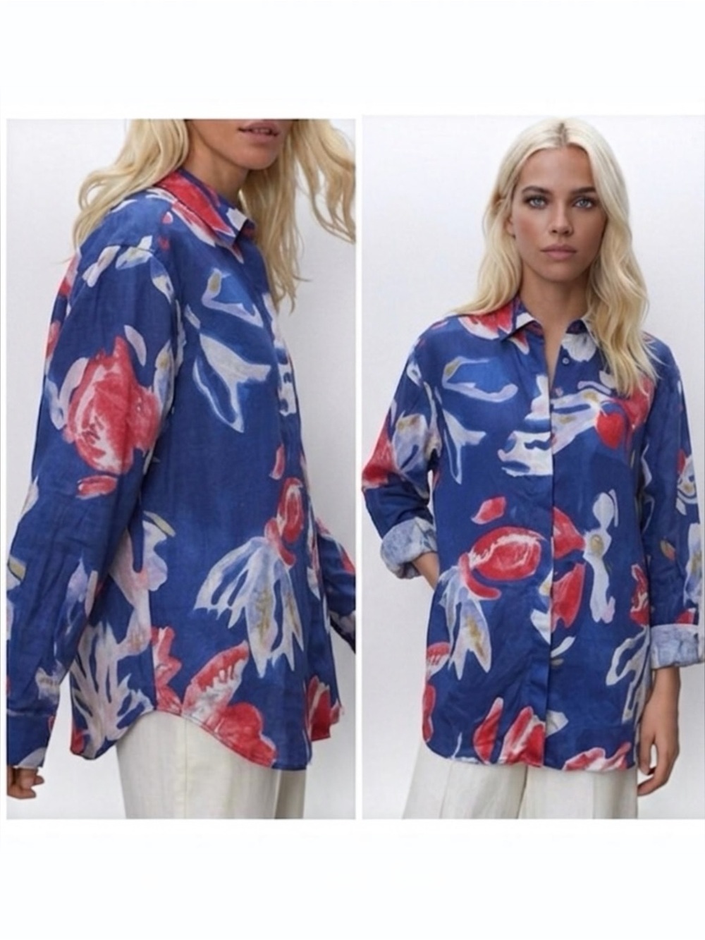Aritzia Babaton NEW 100% Linen Tahoma Floral Button Down Long Sleeve Shirt Blue